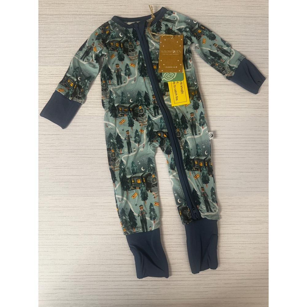 Wildwoven Polar Express Train Bamboo Modal Sleeper NWT 0-3M Blue